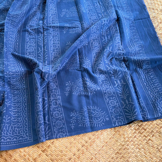 Mul Mul Cotton saree, Hand Block Printed, Blue