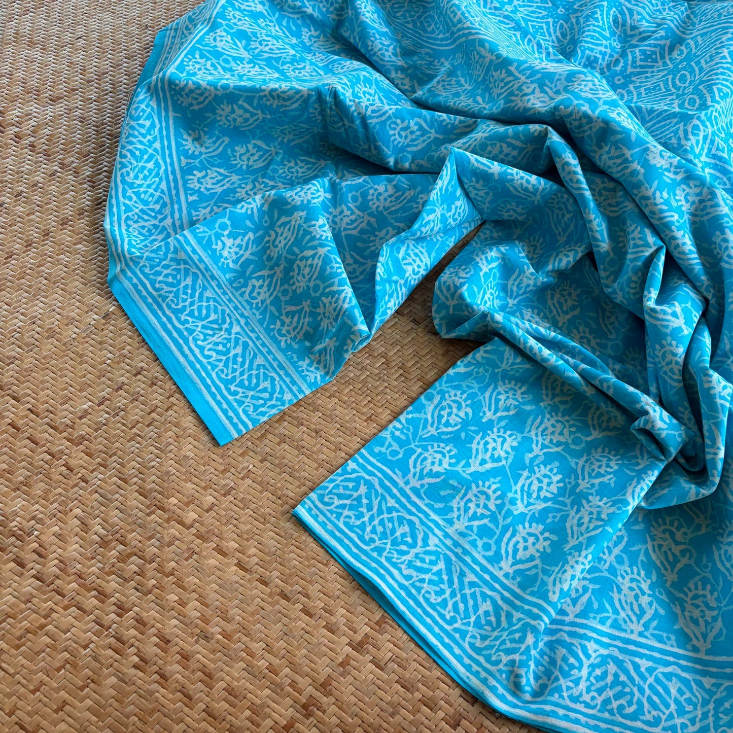 Mul Mul Cotton saree, Hand Block Printed, Blue