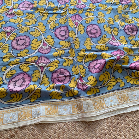 Blue Floral, Kalamkari Hand Painted on a Madurai Sungudi Cotton CUT FABRIC