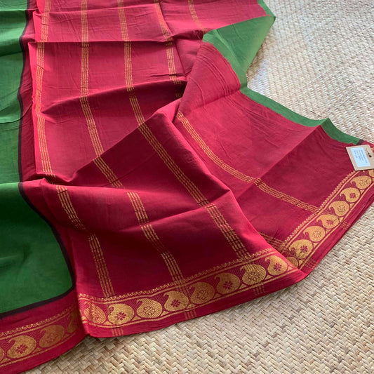 Green Saree With Red Half Fine Zari Border, Clamp dyed (Kattu sayam).