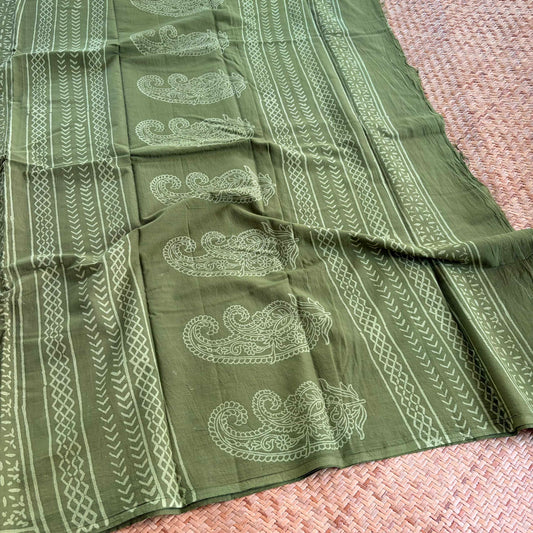 Mul Mul Cotton saree, Hand Block Printed, Green