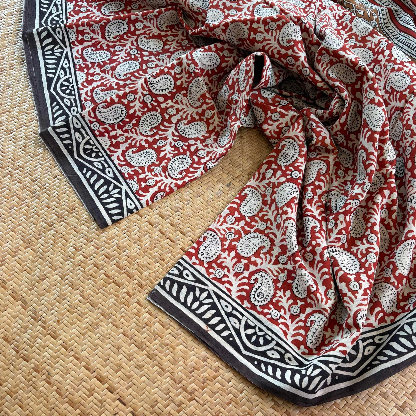 Mul Mul Cotton saree, Hand Block Printed, Red