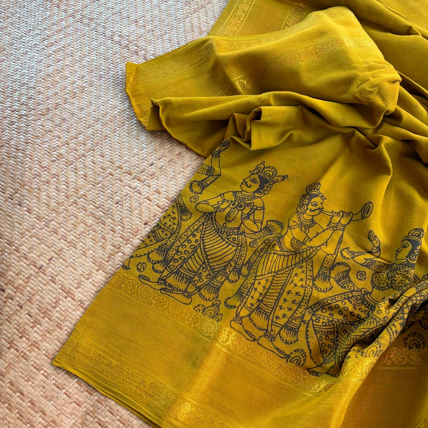 Mustard, Kalamkari Hand Painted on a Madurai Sungudi Cotton saree.