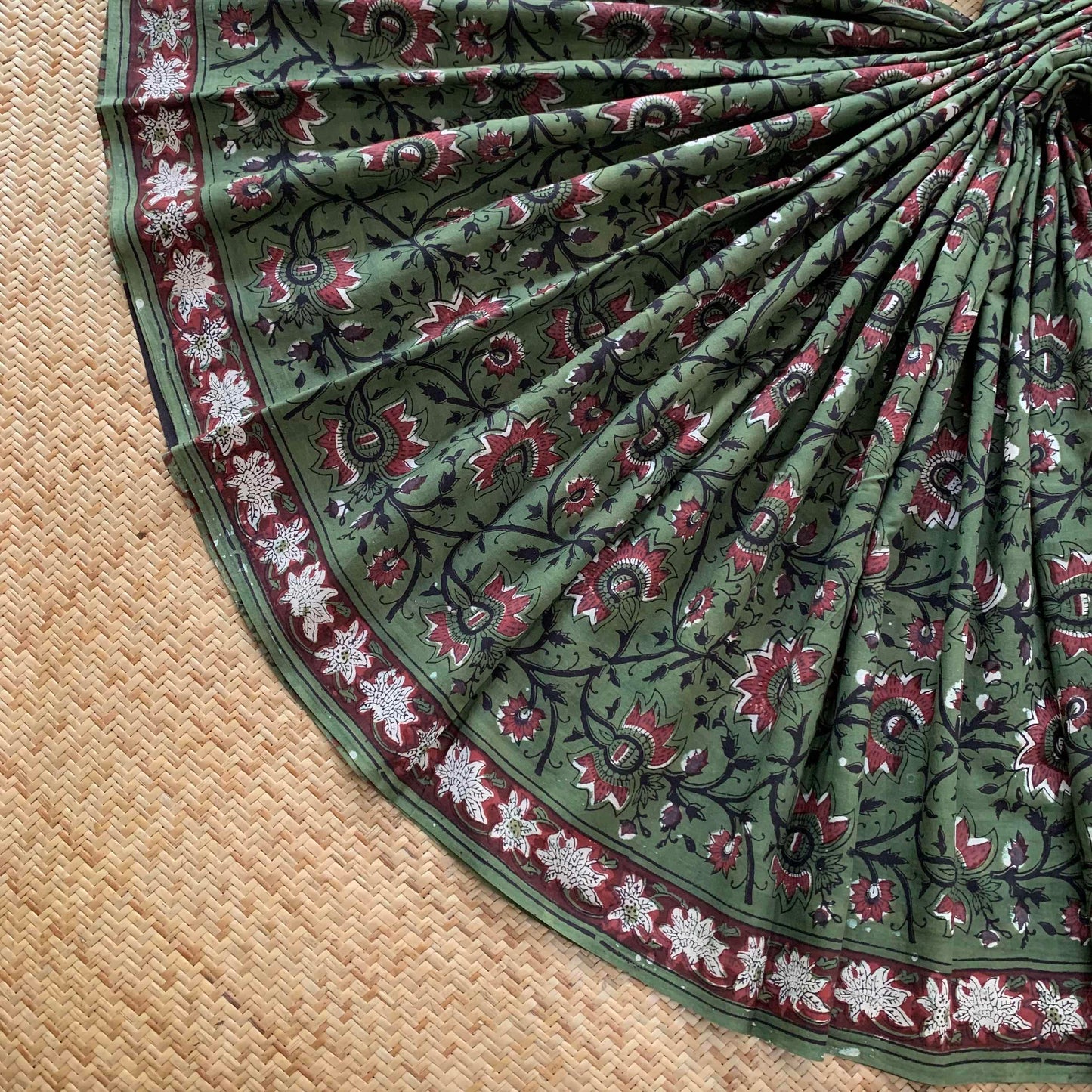 Mul Mul Cotton saree, Jahota Hand Block Printed, Green