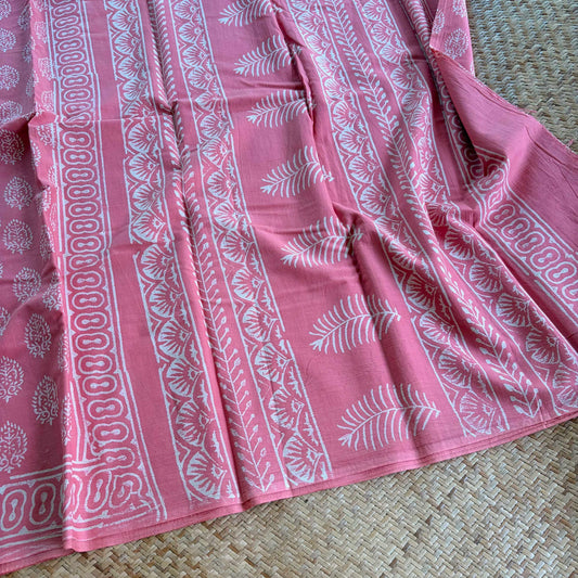 Mul Mul Cotton saree, Hand Block Printed, Pink