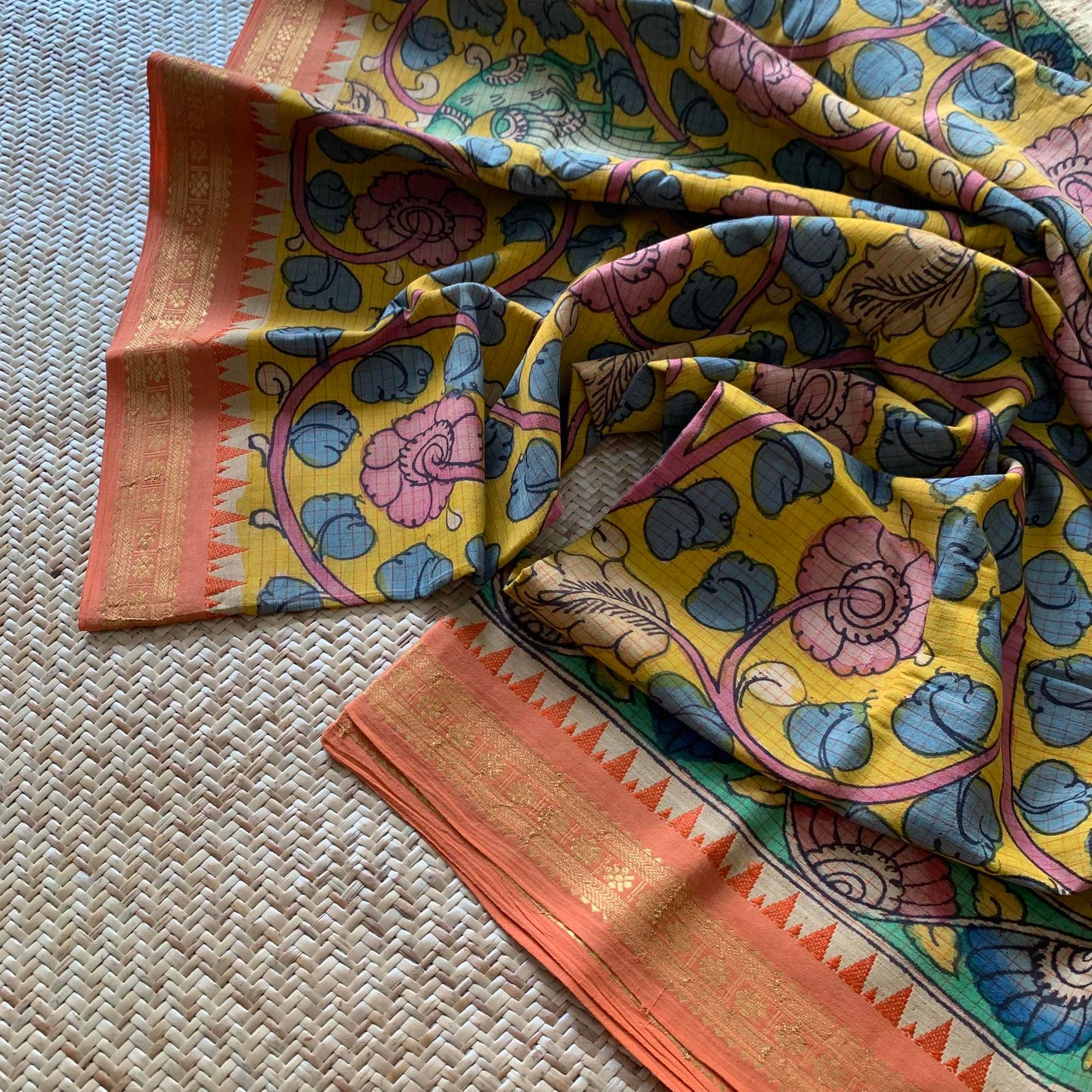 Golden Yellow Kalamkari Hand Painted on Chettinad Cotton saree