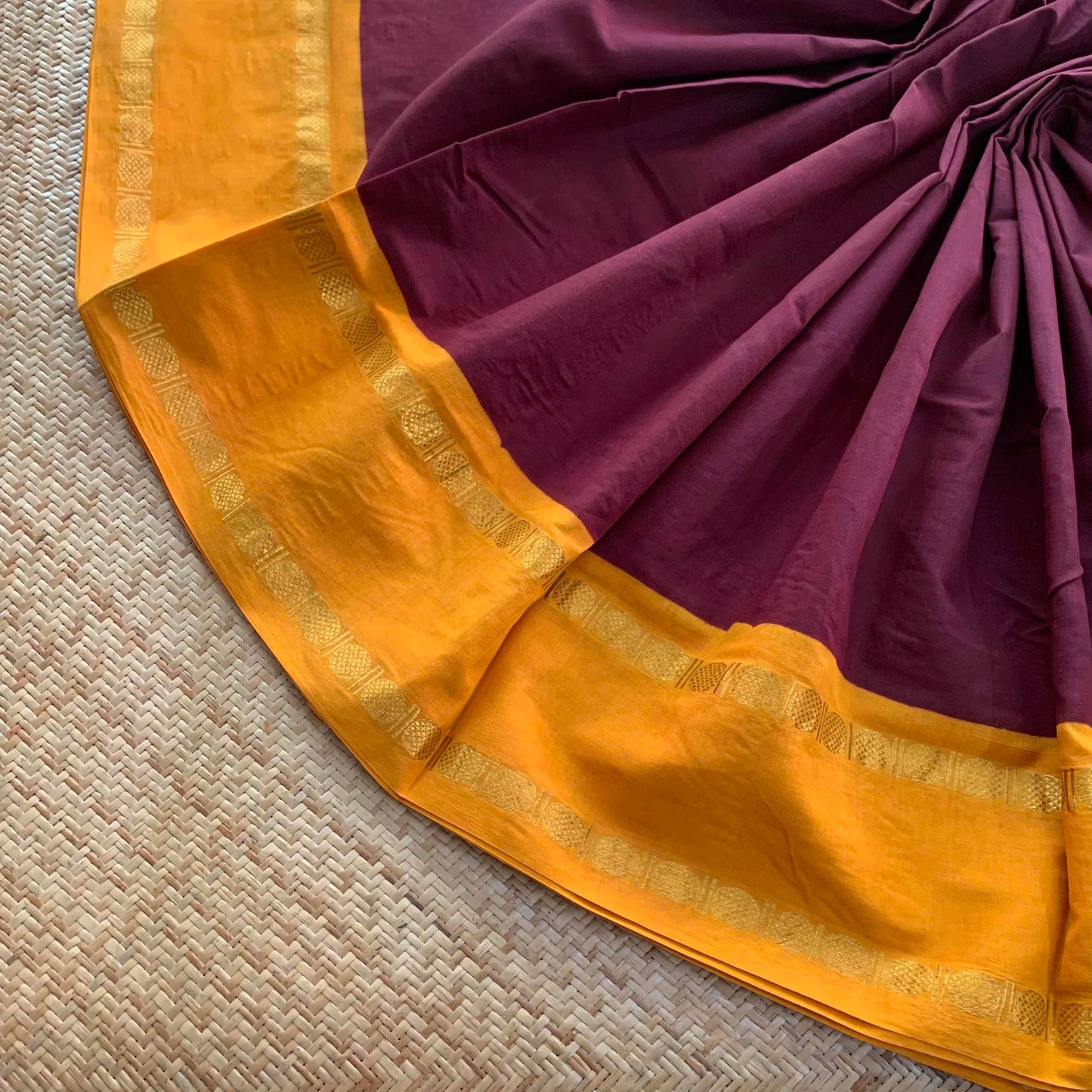 Brown Saree With Yellow Half Fine Zari Border, Clamp dyed (Kattu sayam).