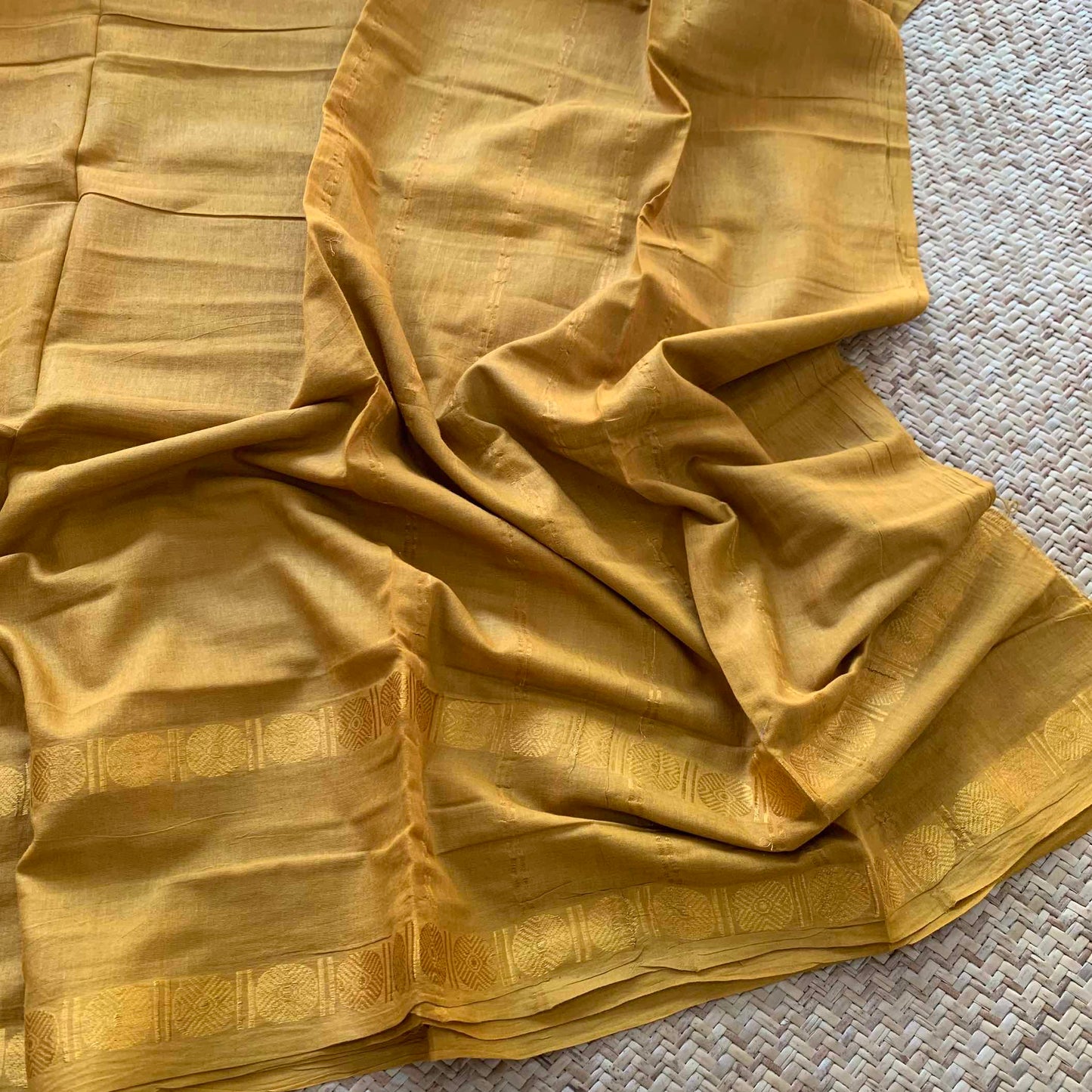 Golden Mustard Saree With Ajrak Blouse , Zari Rudraksham Rettai Pettu Border , Clamp dyed (Kattu sayam).