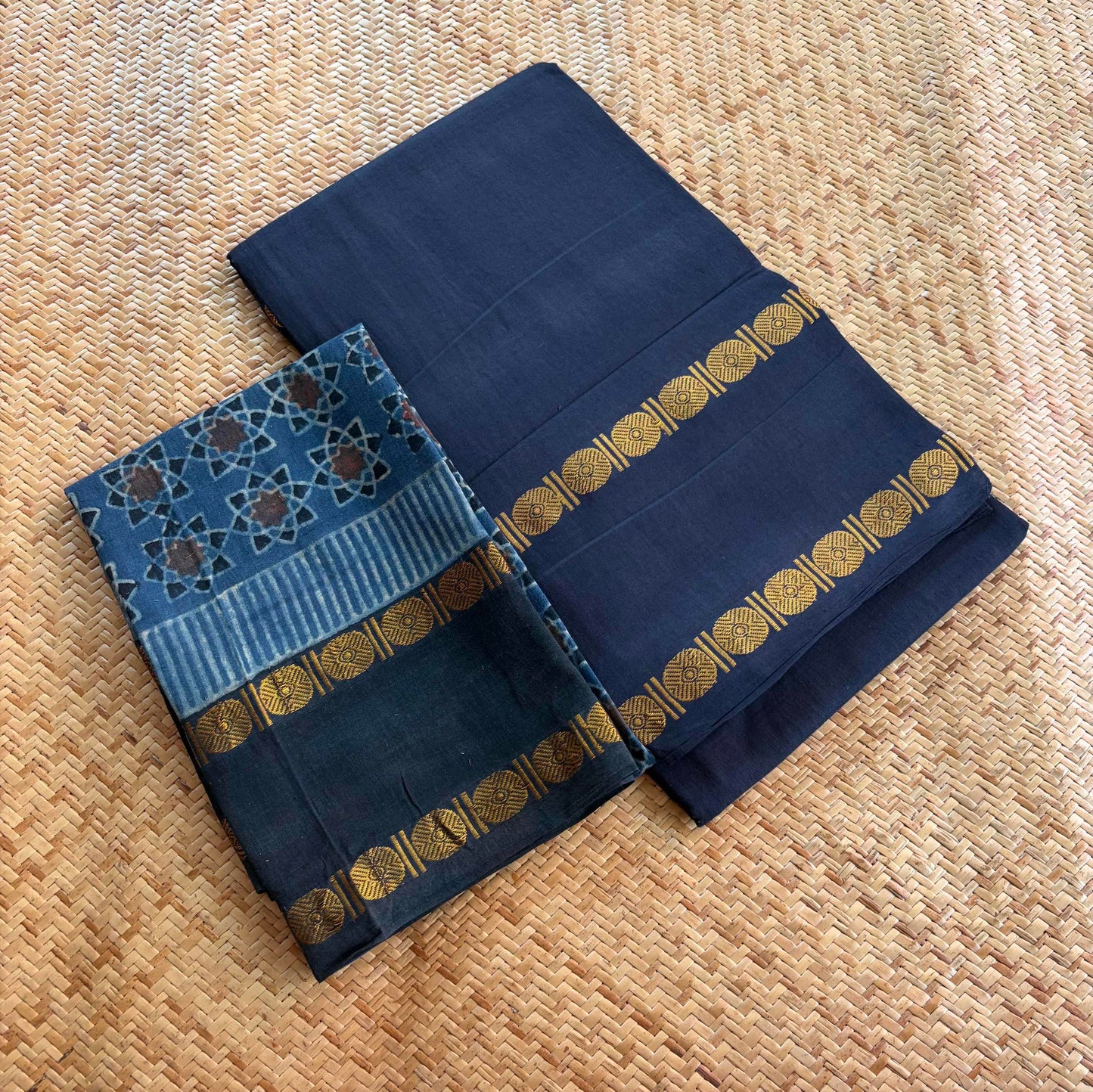 Navy Saree With Ajrak Blouse , Zari Rudraksham Rettai Pettu Border , Clamp dyed (Kattu sayam).