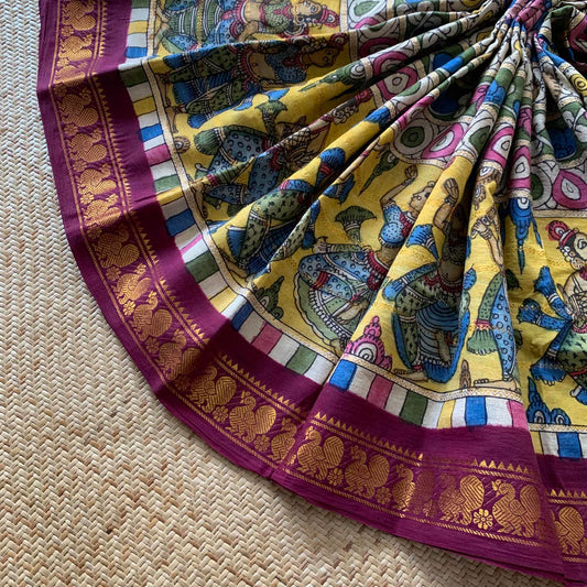 Multicoloured Kalamkari Hand Painted on a Madurai Velthari Sungudi Cotton saree.