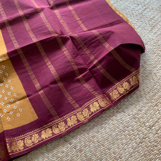 Mustard With Brown Wax Print, Half Fine Zari Premium Sungudi Cotton Sarees