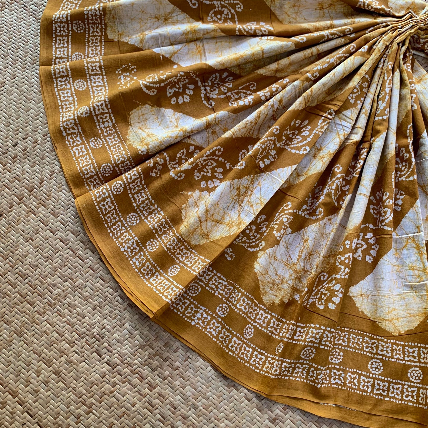 Mustard Hand Crafted wax print Sungudi Mul Mul Cotton Saree