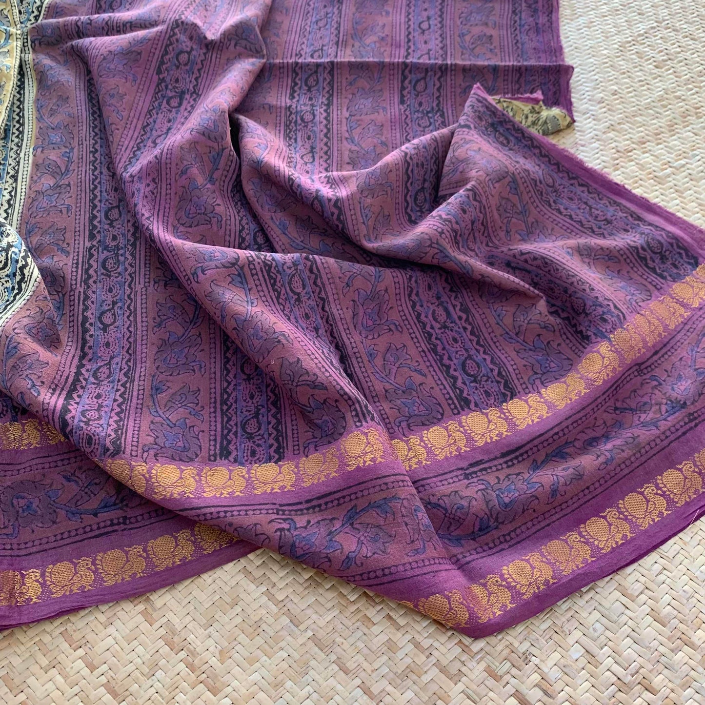 Purple , Kalamkari Hand Block Printed On Madurai Cotton Saree With Zari