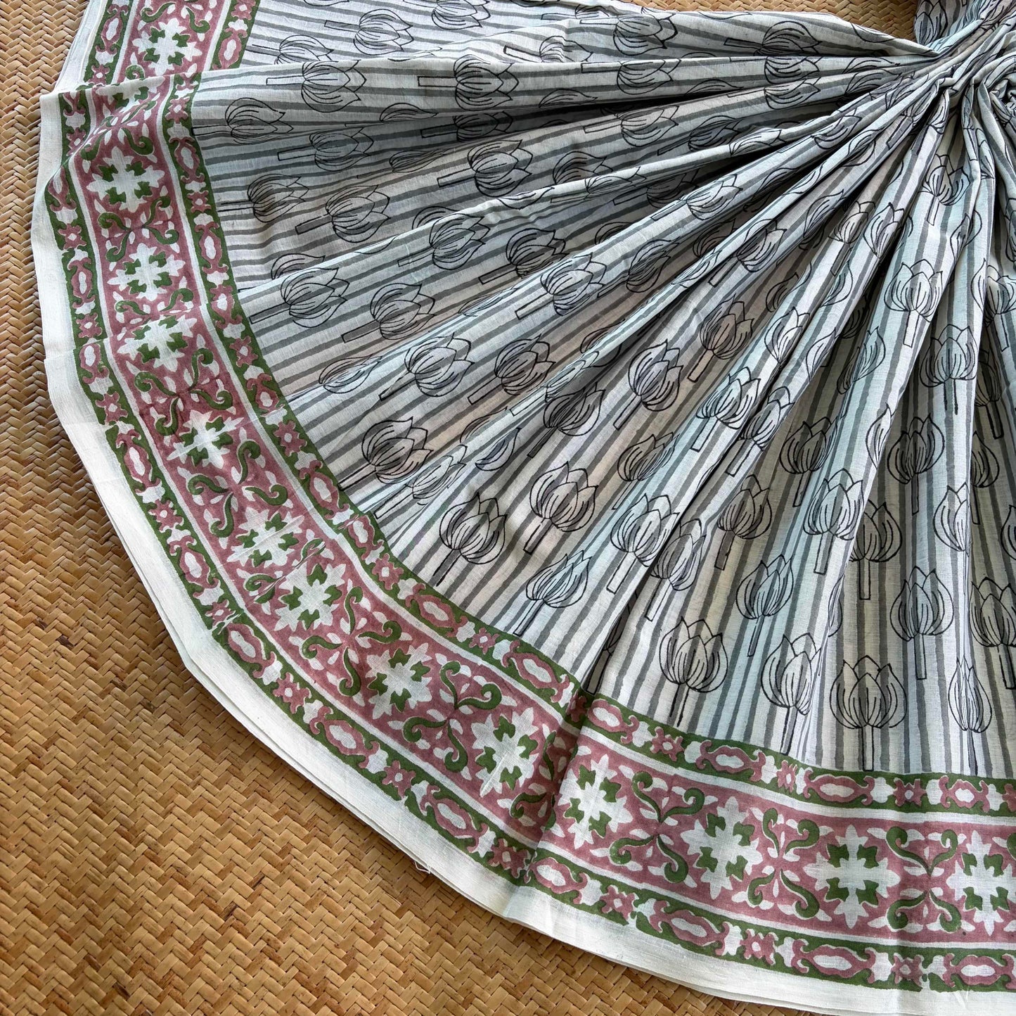 Mul Mul Cotton saree, Hand Block Printed, White