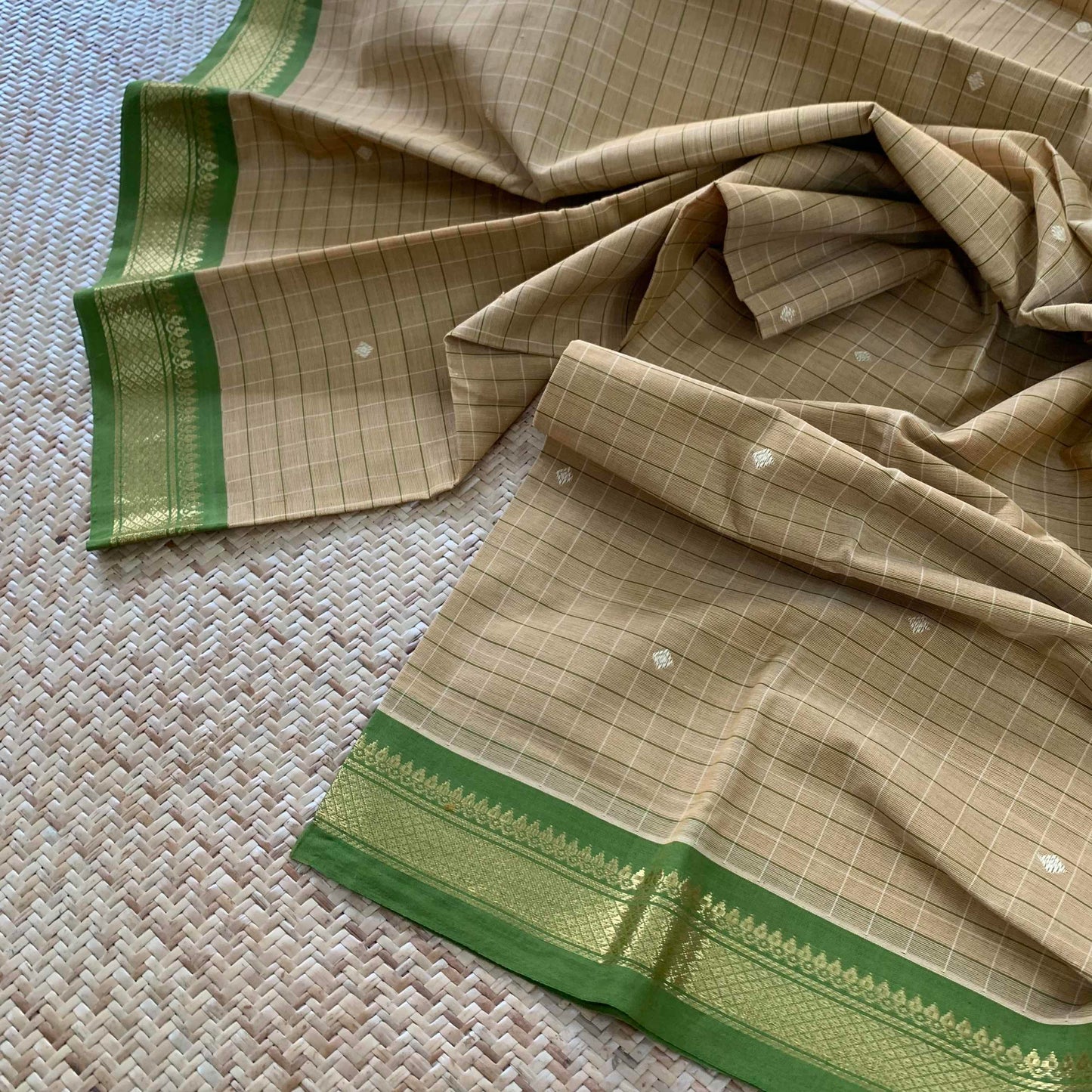 Chettinad Cotton Saree, Beige Saree With Zari Border