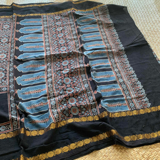 Black, Ajrak Hand Block Printed On Madurai Cotton Saree With Zari