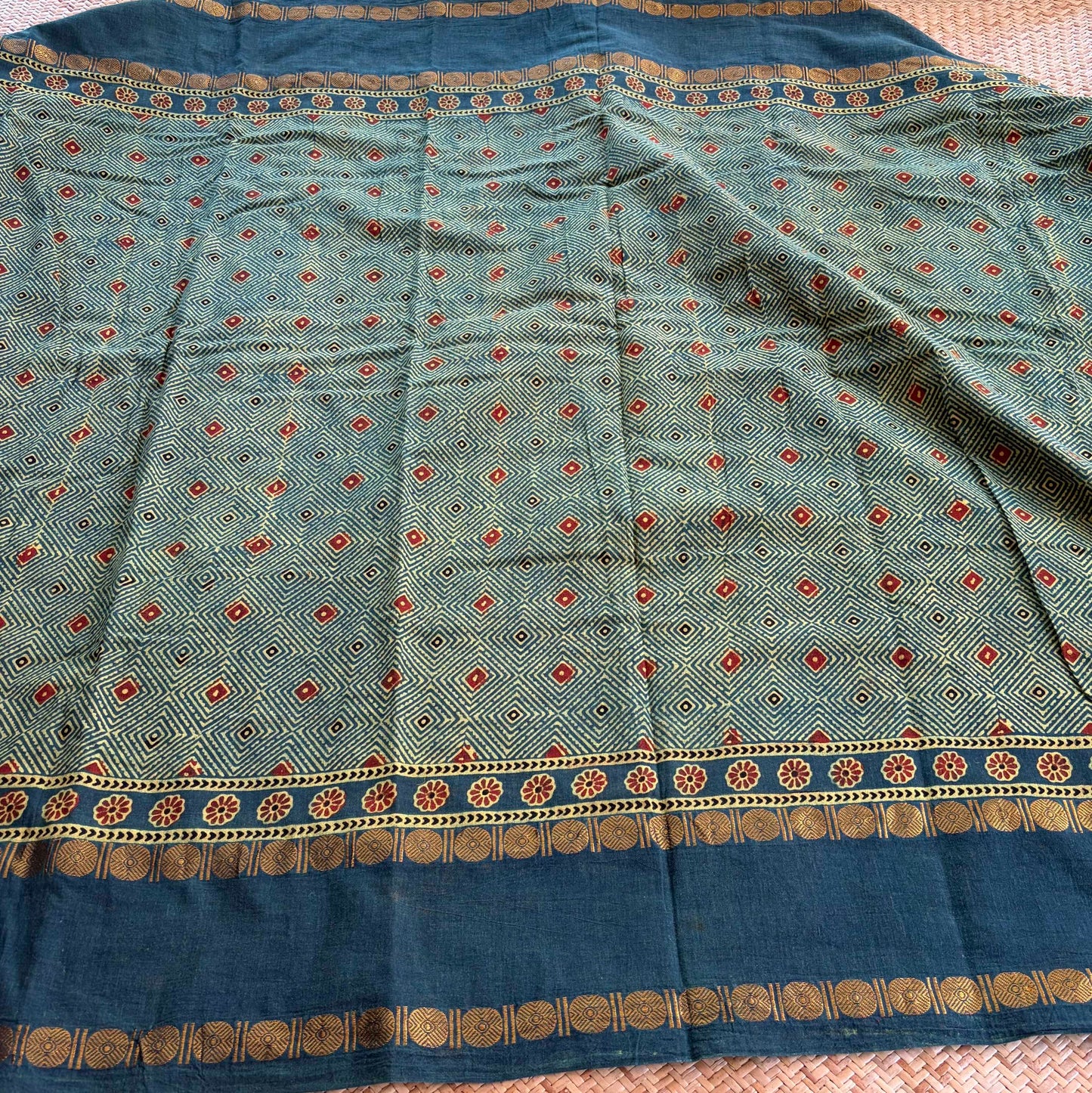 Green, Ajrak Hand Block Printed On Madurai Cotton Saree With Zari