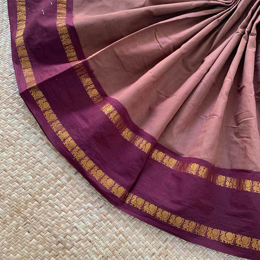 Chocolate Brown Saree With Beetle Nut Brown Border, Zari Annam Rettai Pettu Border , Clamp dyed (Kattu sayam).