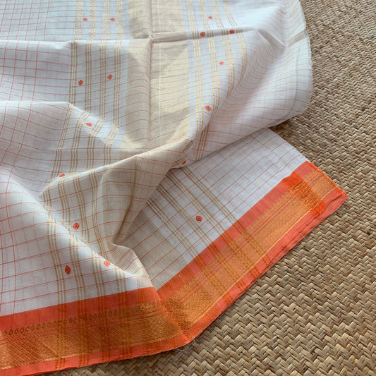 Chettinad Cotton Saree, Pure White Checked Saree With Orange Border