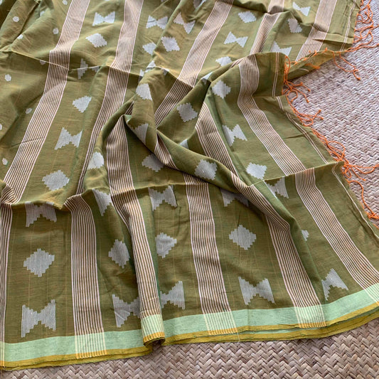 Olive Green, Handwoven Jamdani Soft cotton Saree