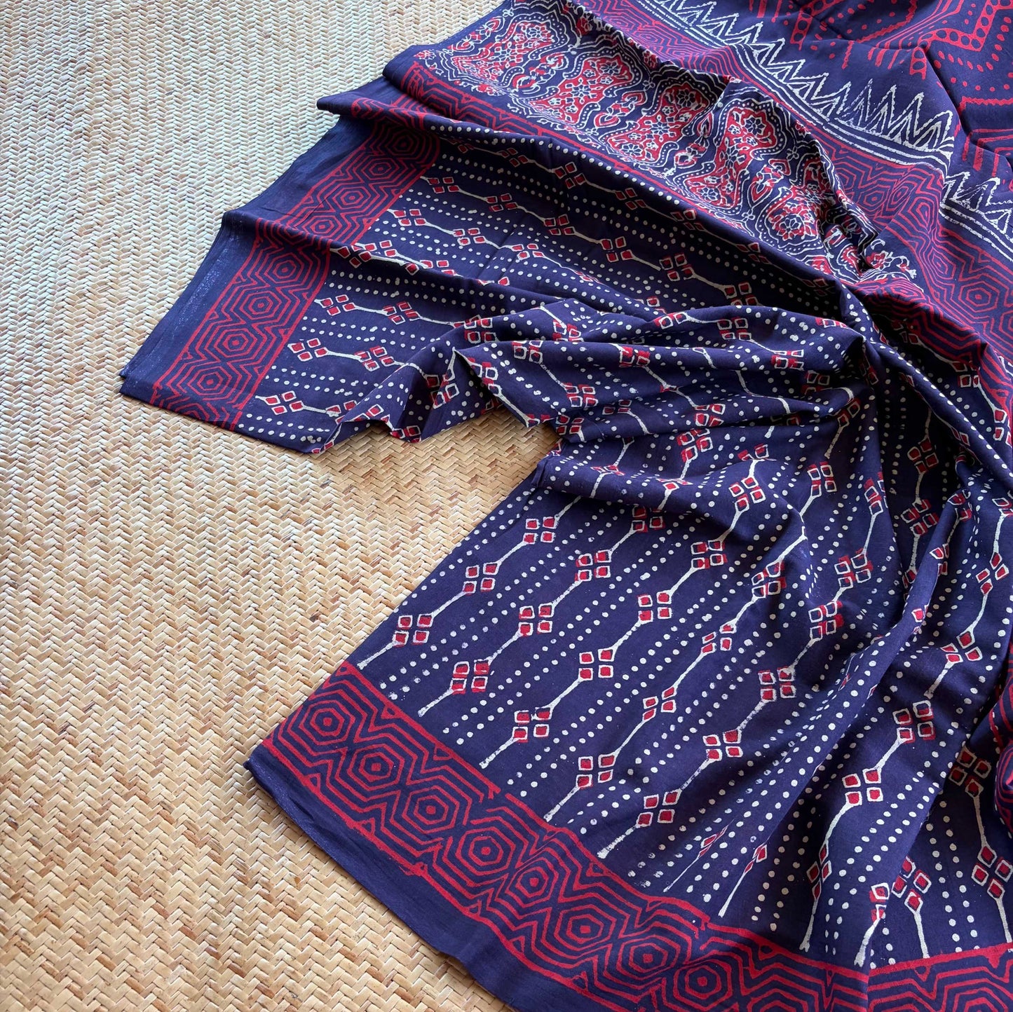 Mul Mul Cotton saree, Hand Block Printed, Blue