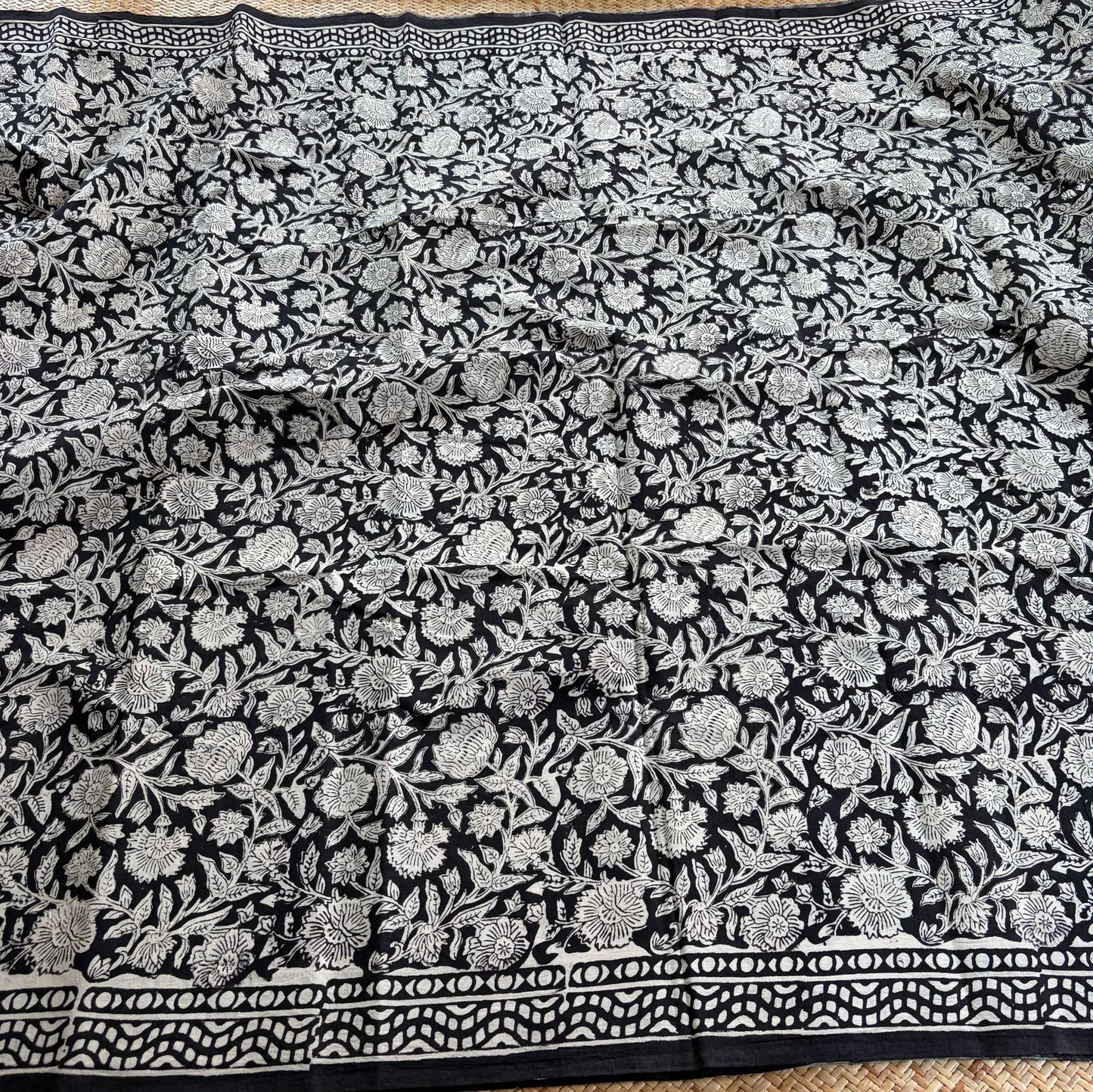 Mul Mul Cotton saree, Hand Block Printed, Black