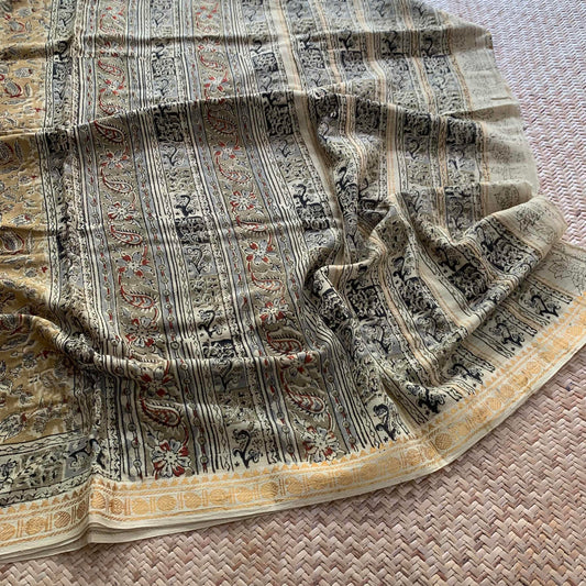 Mustard , Kalamkari Hand Block Printed On Madurai Cotton Saree With Zari