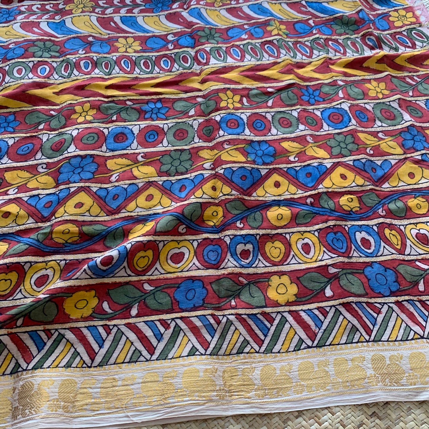 Multi Colour, Kalamkari Hand Painted on a Madurai Sungudi Cotton CUT FABRIC