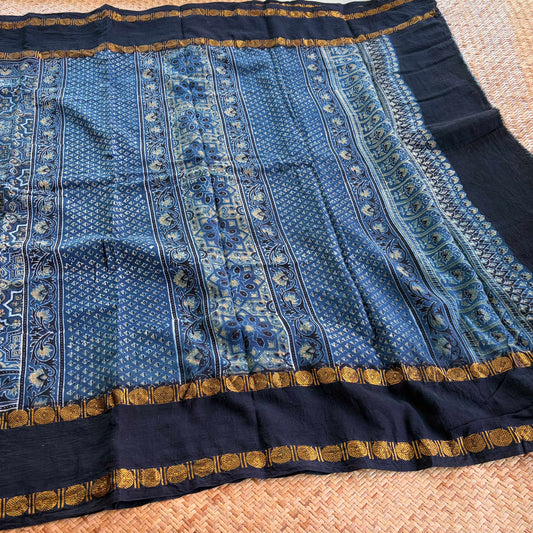 Star Indigo, Ajrak Hand Block Printed On Madurai Cotton Saree With Zari
