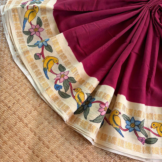 Parrot 🦜 - Kalamkari Hand Painted on a Madurai Sungudi Cotton saree.