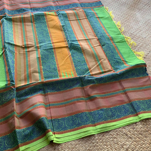 Kanchipuram Cotton Saree, Handwoven Green Saree With Grand Pallu