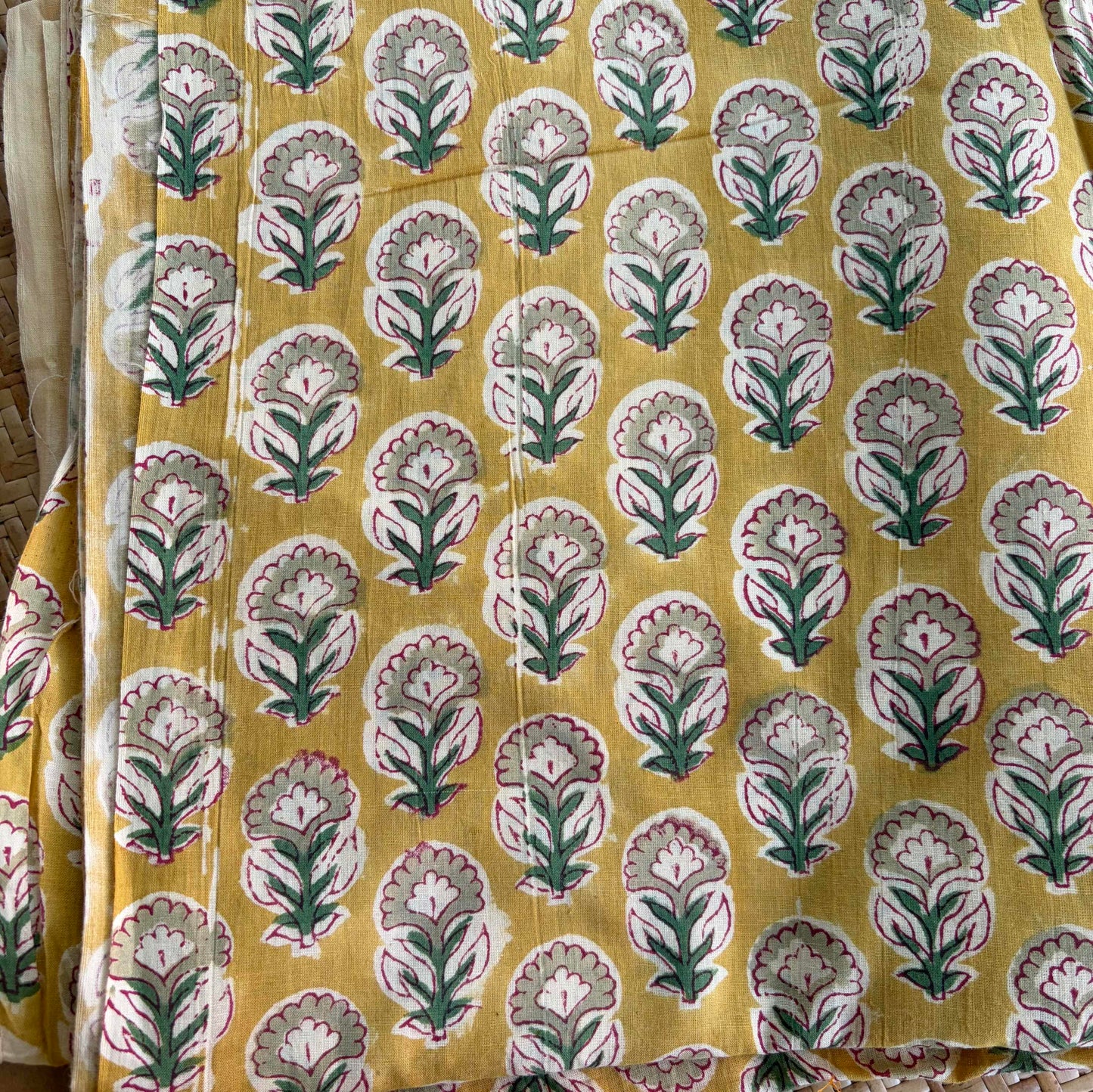 Hand Block Printed Sanganeri Cotton Running Fabric, Mustard
