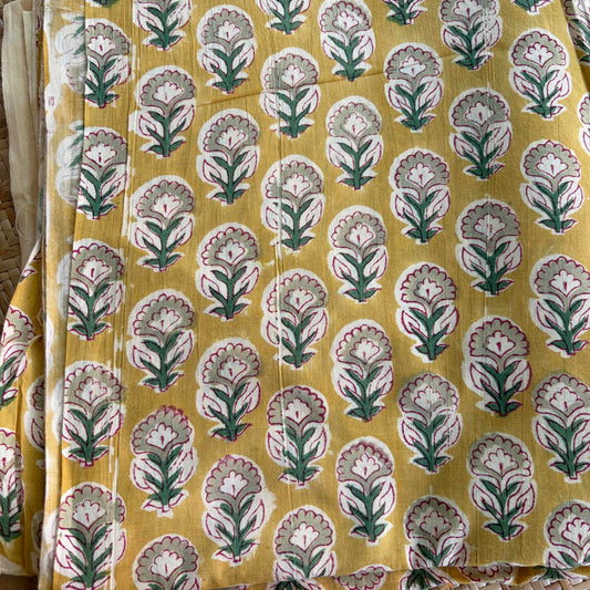 Hand Block Printed Sanganeri Cotton Running Fabric, Mustard