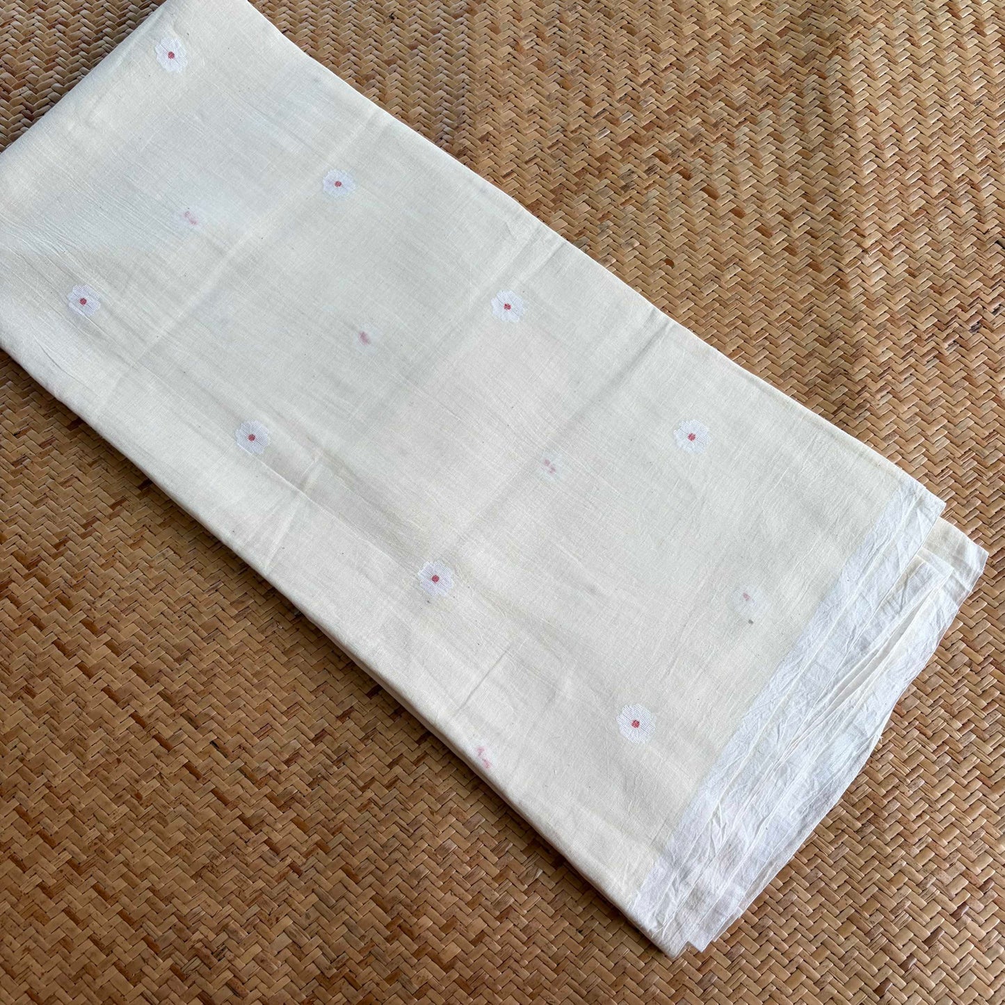 Jamdani Handloom Cotton Running Fabric, Off White
