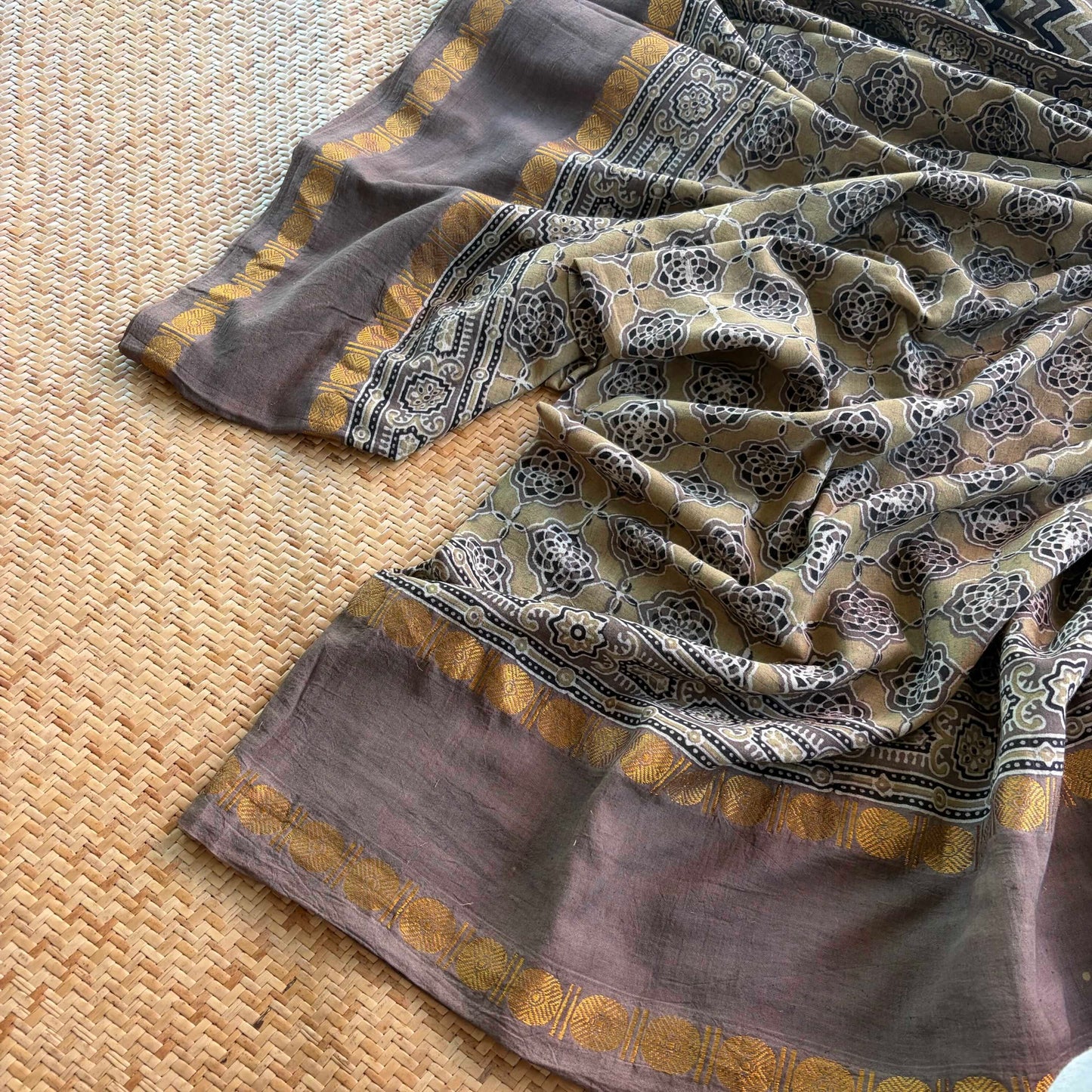 Taupe, Ajrak Hand Block Printed On Madurai Cotton Saree With Zari