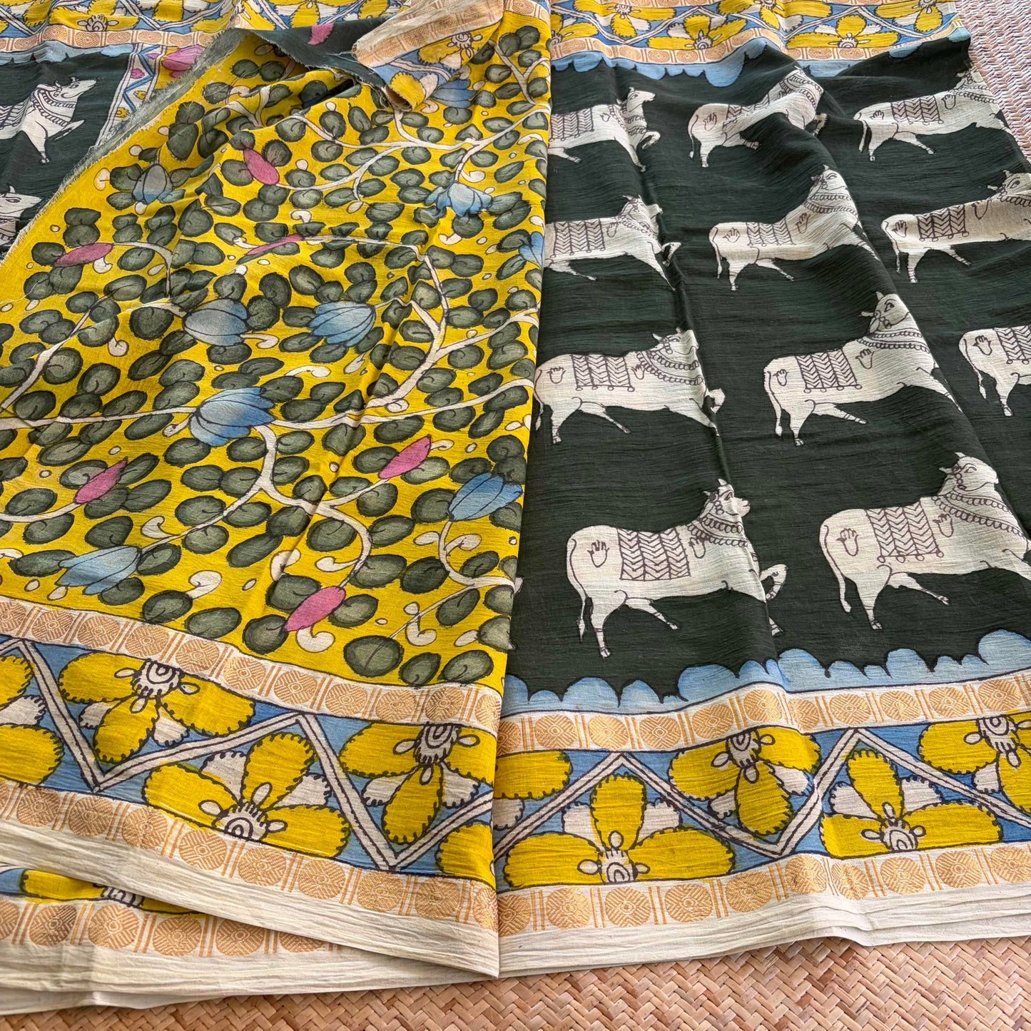 Bull Kalamkari Hand Painted on Cotton Sungudi Saree With Blouse