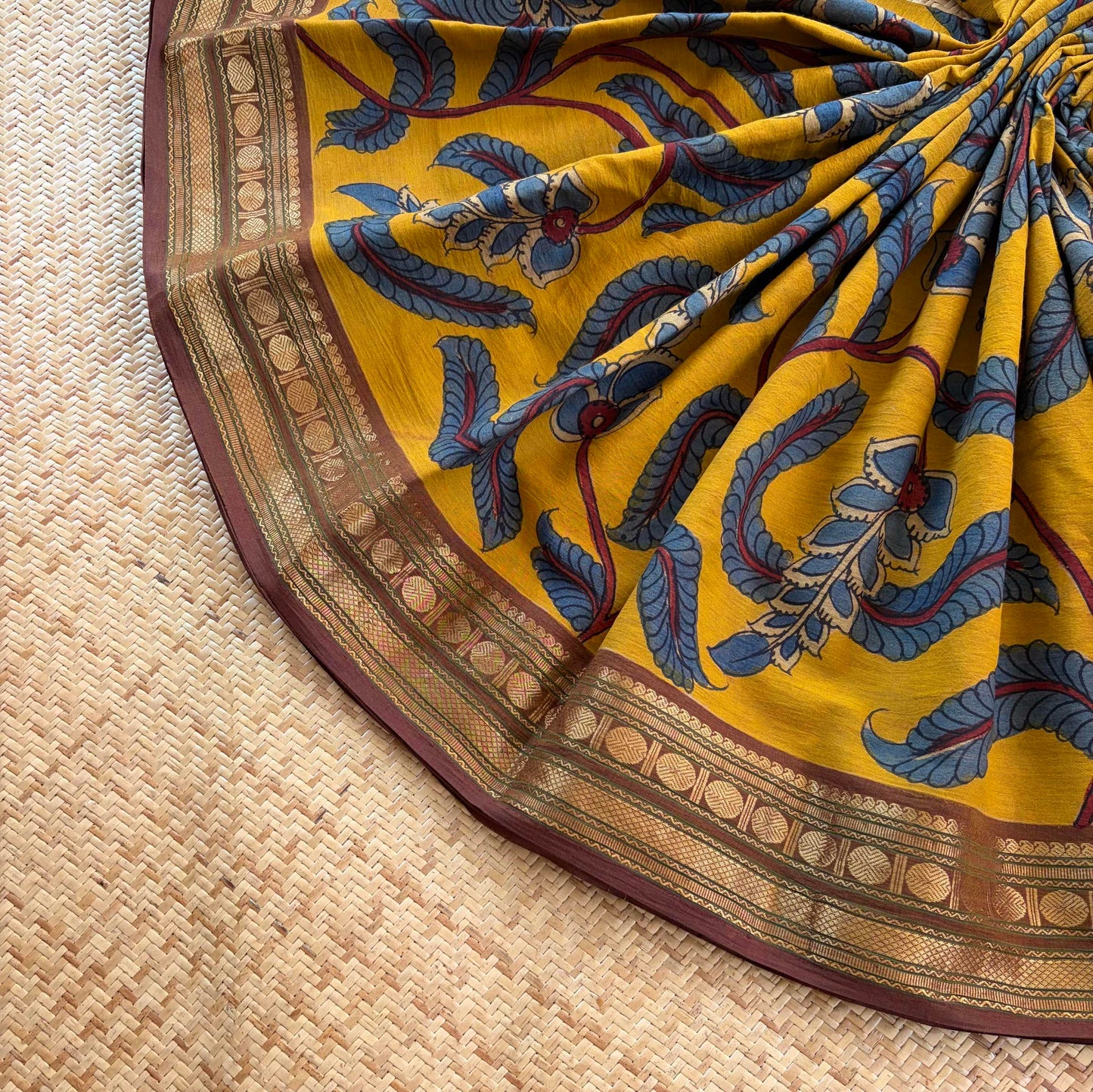 Mustard Kalamkari Hand Painted on Chettinad Cotton saree