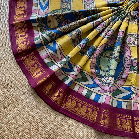 Multicoloured Kalamkari Hand Painted on a Madurai Velthari Sungudi Cotton saree.