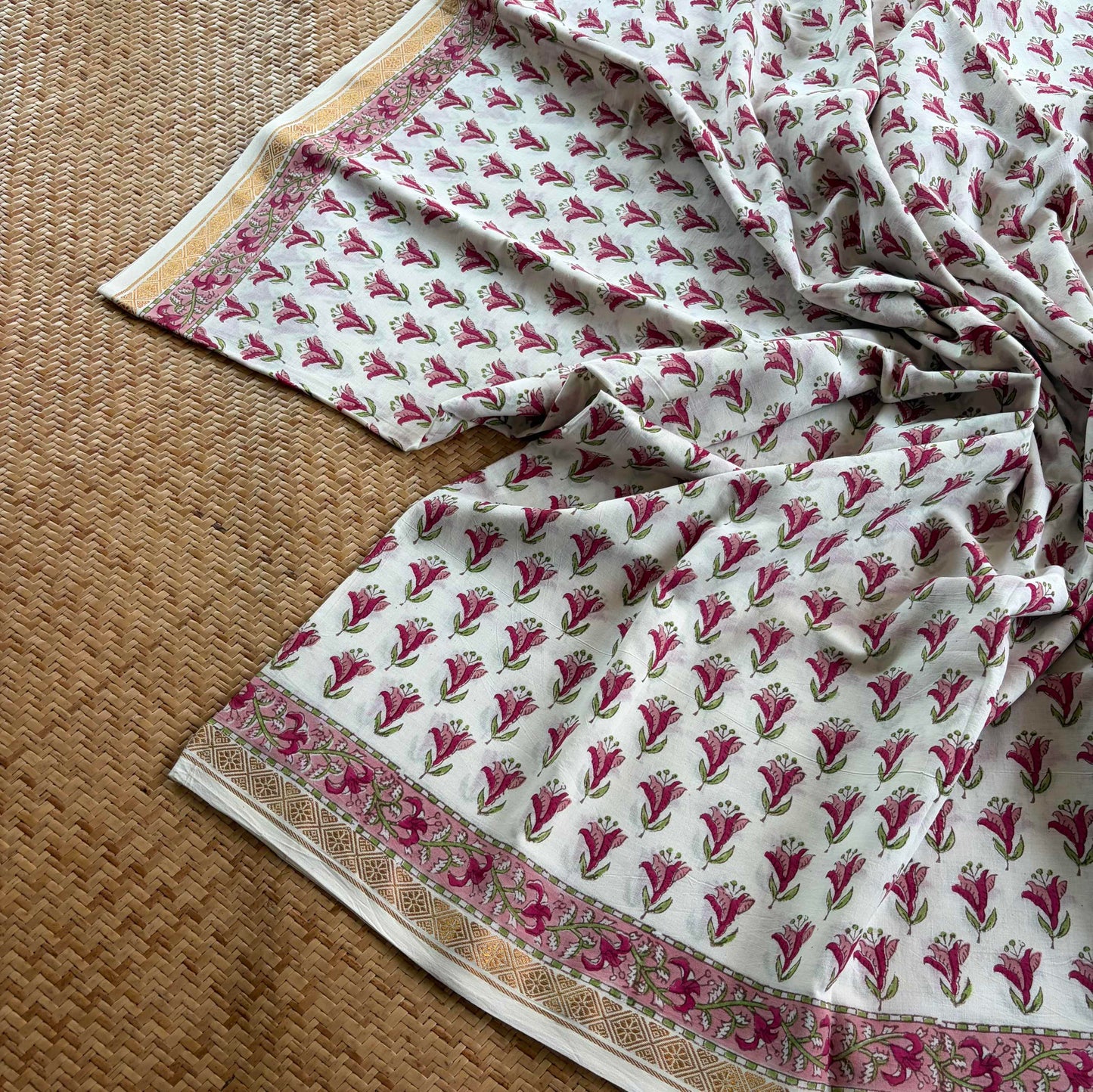 White, Jaipur Hand Block Printed On Madurai Cotton Saree With Zari
