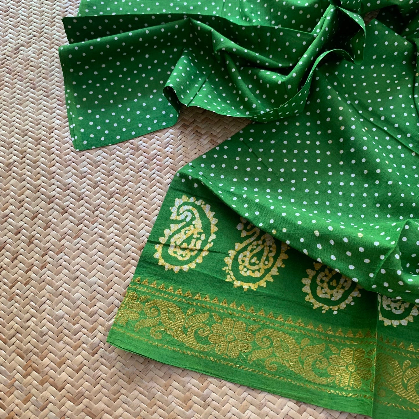 Green Hand Crafted wax print Sungudi Mul Mul Cotton Saree