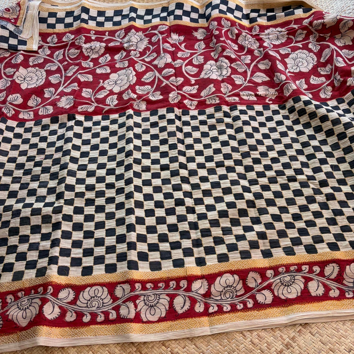 Checkered Kalamkari Hand Painted on Cotton saree