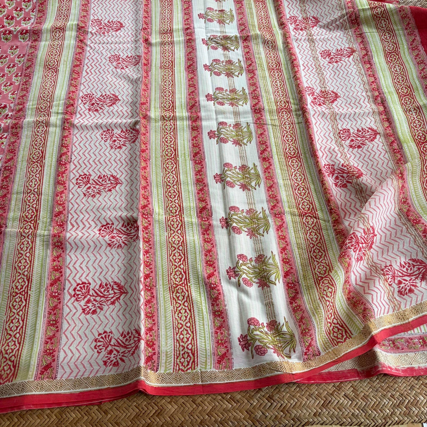 Pink, Jaipur Hand Block Printed On Madurai Cotton Saree With Zari