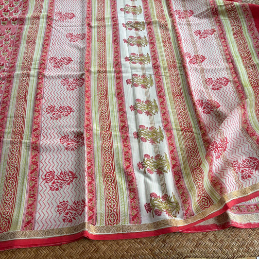 Pink, Jaipur Hand Block Printed On Madurai Cotton Saree With Zari