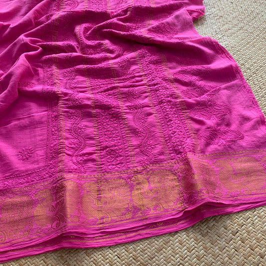 Pink Chickankari Hand Embroidery on a Sungudi Cotton Saree