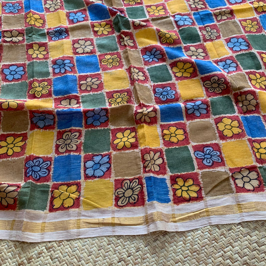 Multi colour Floral, Kalamkari Hand Painted on a Madurai Sungudi Cotton BLOUSE