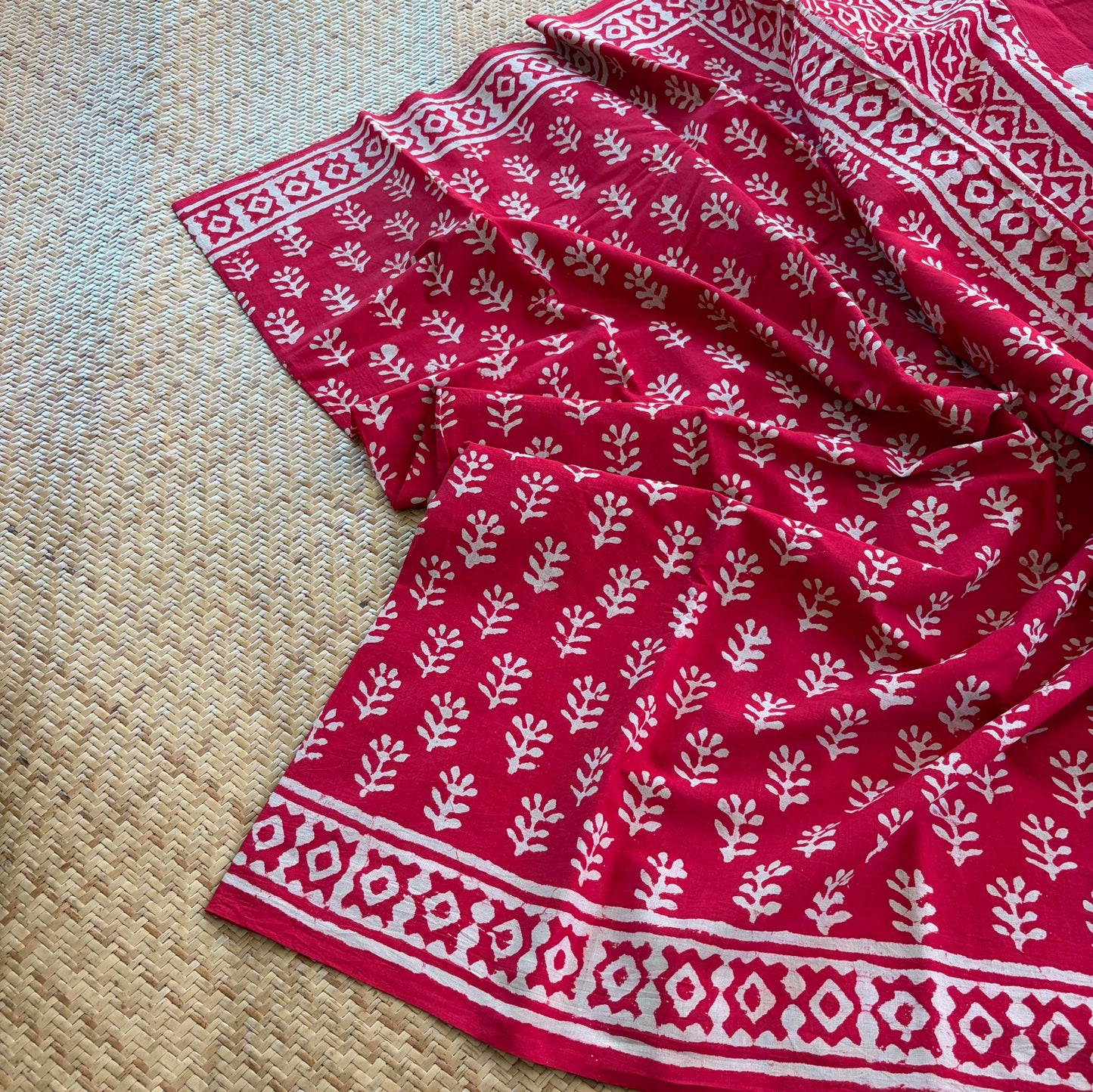 Mul Mul Cotton saree, Hand Block Printed, Red