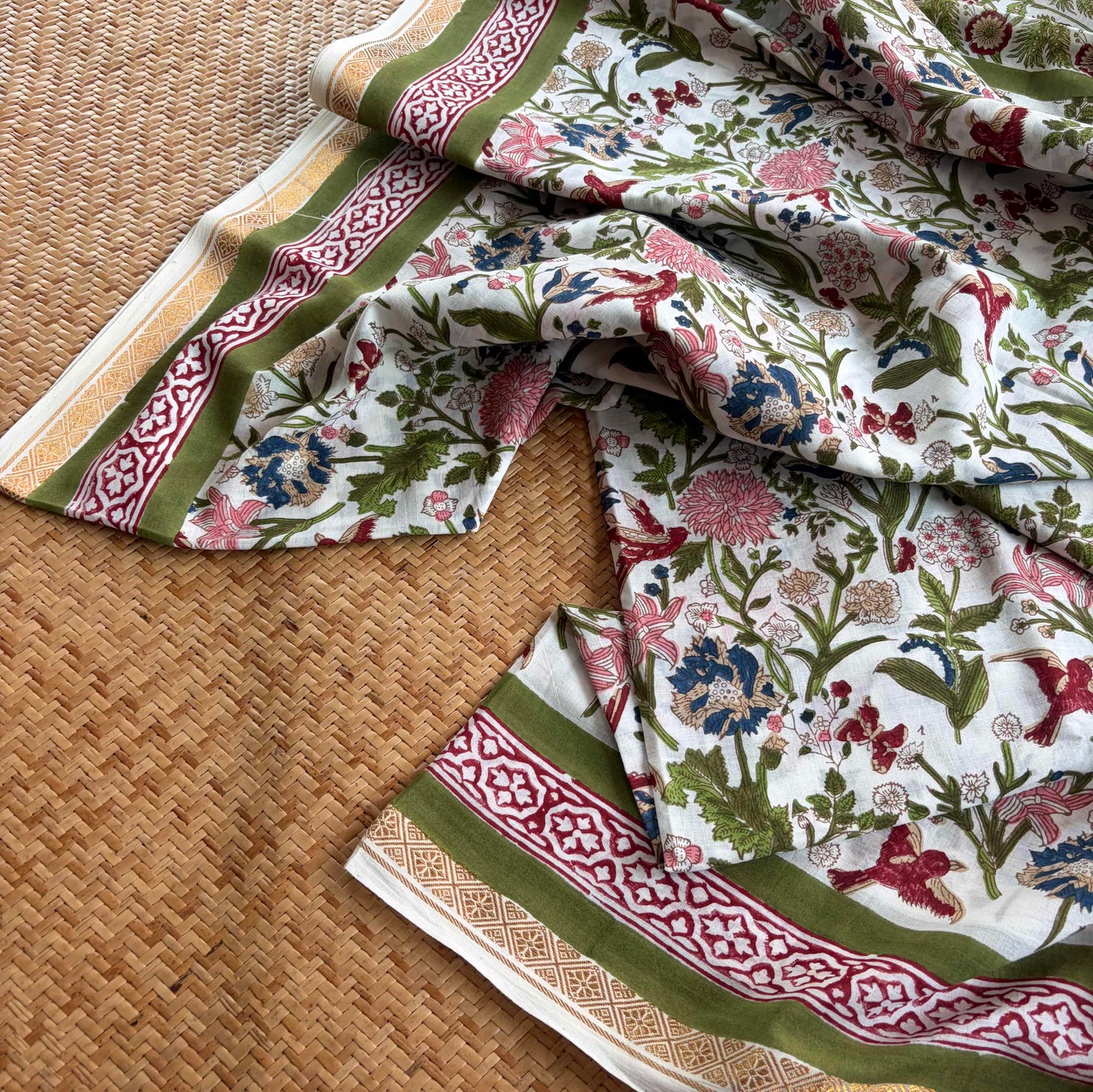White, Jaipur Hand Block Printed On Madurai Cotton Saree With Zari
