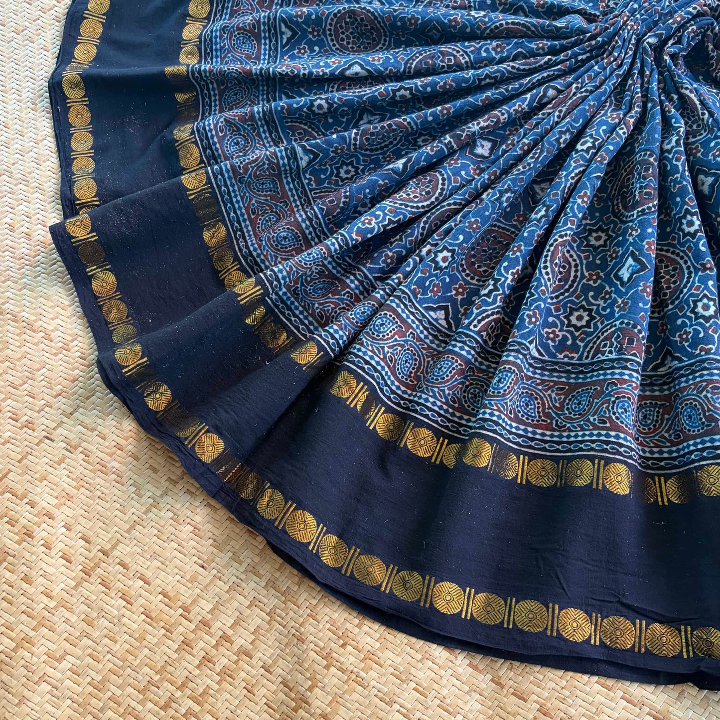 Indigo, Ajrak Hand Block Printed On Madurai Cotton Saree With Zari
