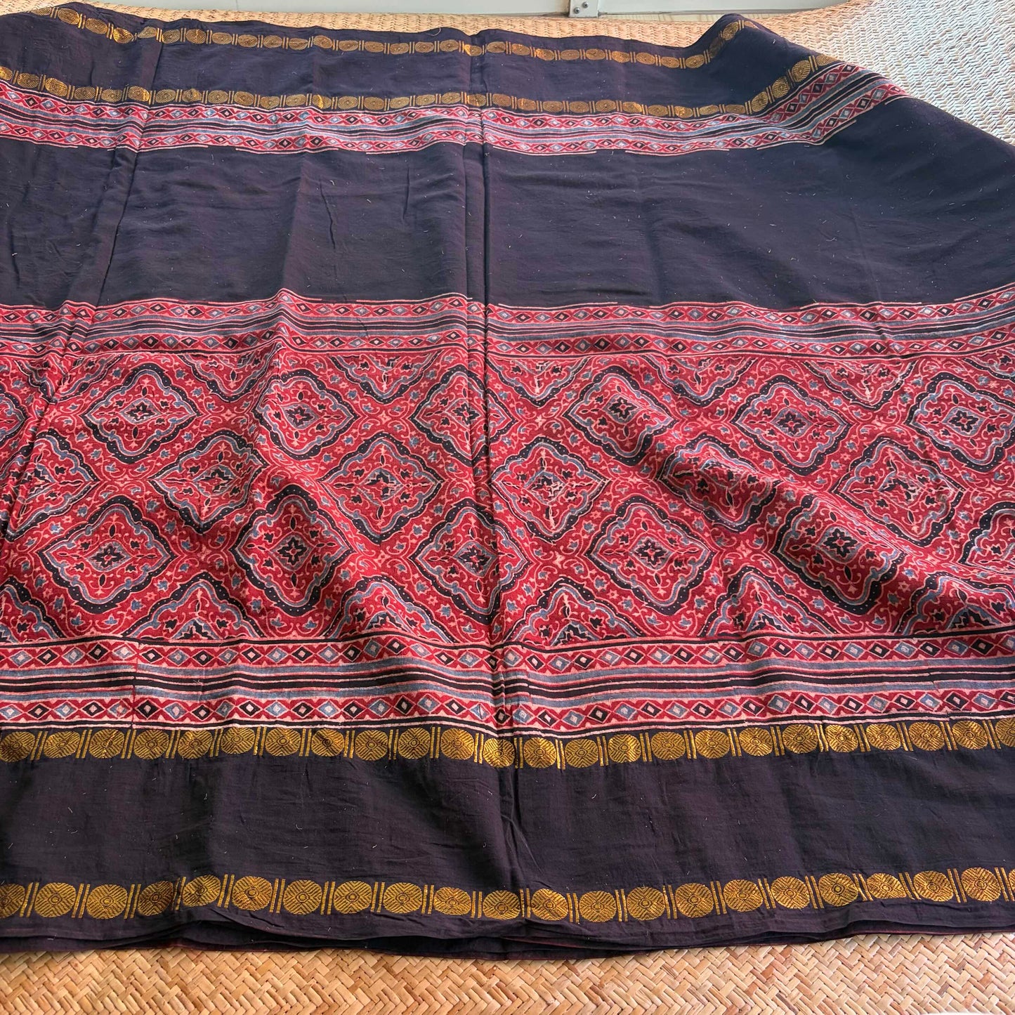 Madder, Ajrak Hand Block Printed On Madurai Cotton Saree With Zari