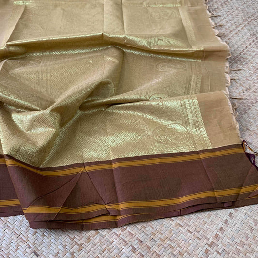 Kanchipuram Cotton Saree, Beige Double Tone Saree with Brown Border and Grand Pallu with Yazhi Chakkaram Butta